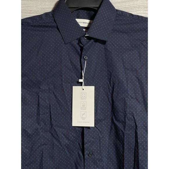 Lucky Brand Mens Slim Fit Stretch Dress Shirt Size M Navy Blue Lightening Print - Picture 4 of 10